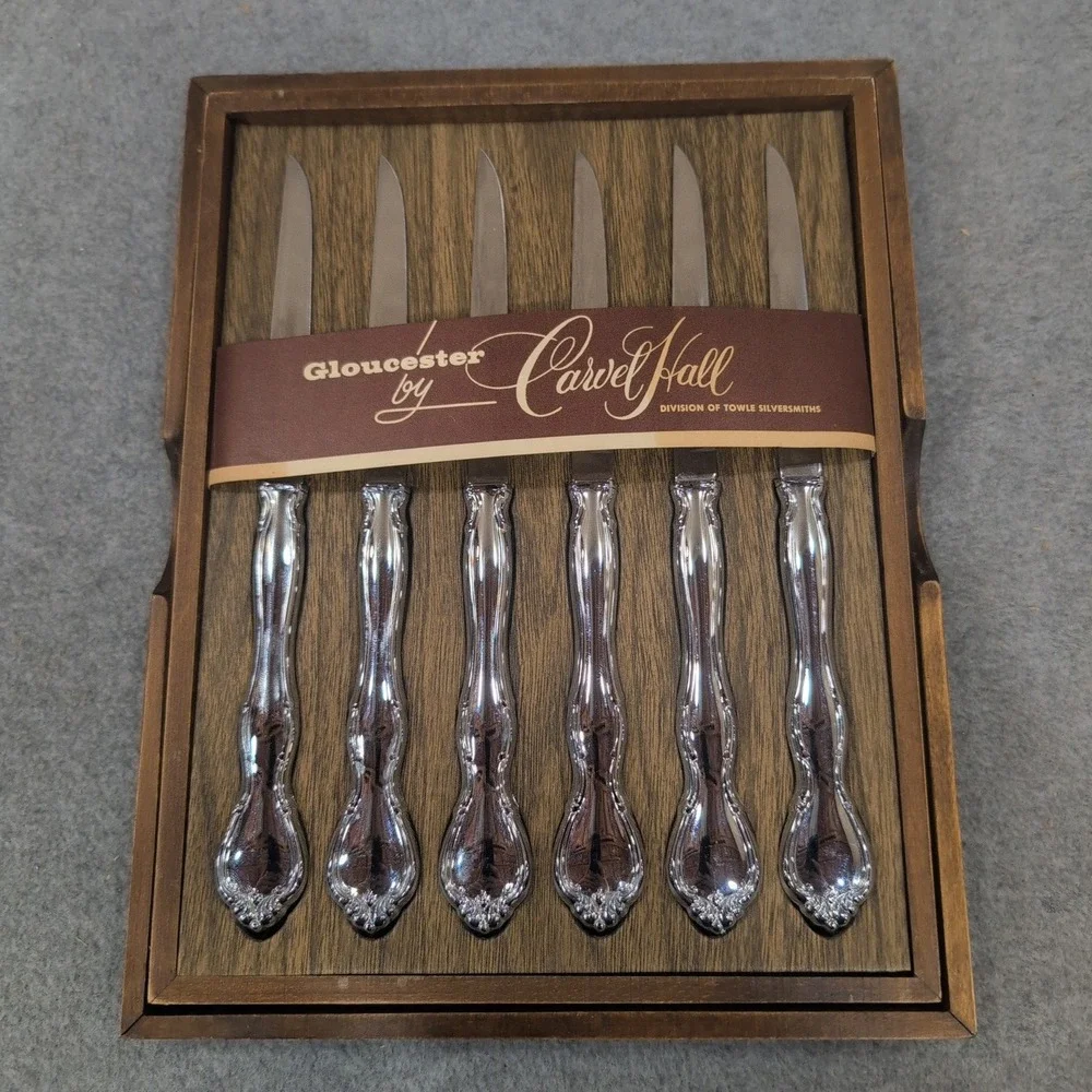 Carvel Hall Gloucester Steak Knives Set of 6 Vintage Silverplate Wooden Case‎